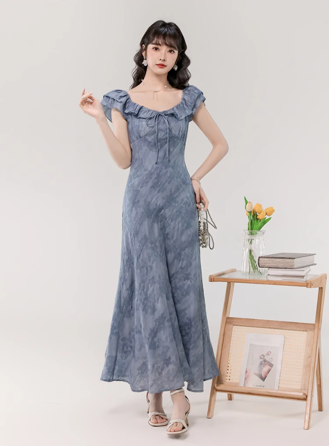 French gentle style retro blue lotus leaf collar dress beautiful waist A-line long skirt R0879