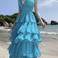 Blue seaside holiday long dress cake dress halter neck backless dress waist beach dress R1589