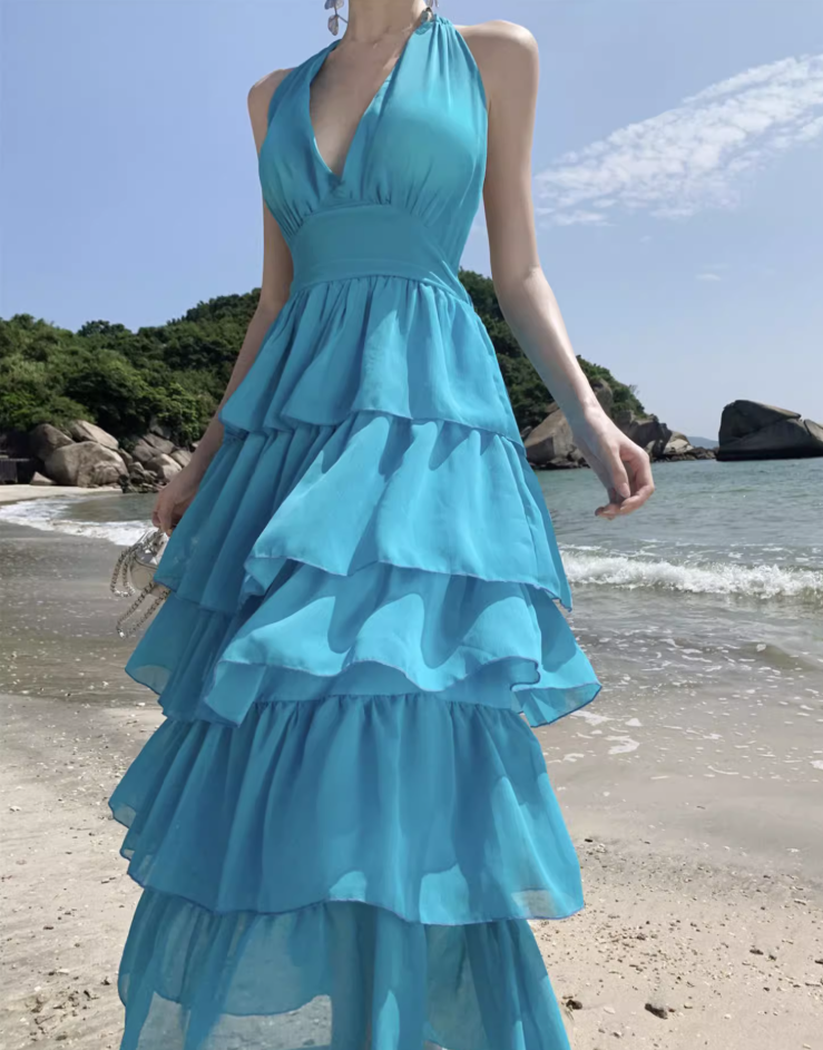 Blue seaside holiday long dress cake dress halter neck backless dress waist beach dress R1589