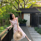 Beautiful dress temperament square neck pink printed long skirt summer new style R4414