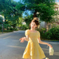 Bright yellow puff sleeves floral cute waist mini skirt homecoming dress R4022