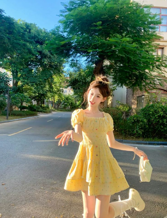 Bright yellow puff sleeves floral cute waist mini skirt homecoming dress R4022