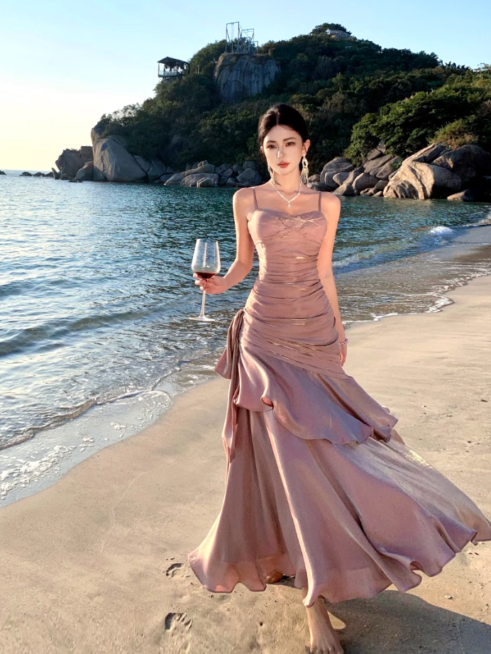 Fairy mermaid dress ruffled high-grade temperament red dress R1716