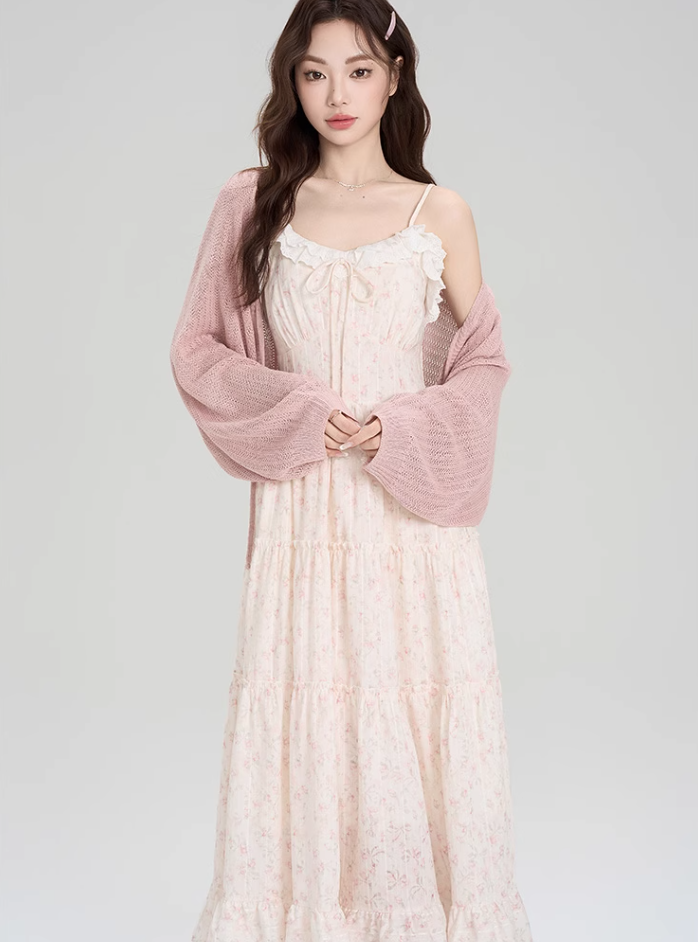 French floral suspender skirt, beautiful and gentle style dress with cardigan two-piece suit R2382