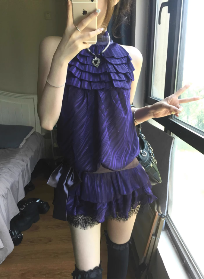 French purple satin lace halter neck dress for women summer beautiful waist cake short skirt R3594