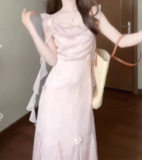 Pink small flying sleeve dress beautiful fairy dress medium length R0700