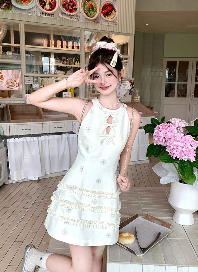 Solid color halter neck sleeveless waist dress for women summer French temperament retro skirt R4747