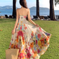 Beach long dress with flowers and floral pattern, high waist chiffon suspenders and large skirt R1628
