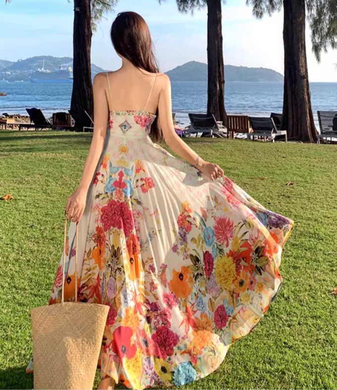 Beach long dress with flowers and floral pattern, high waist chiffon suspenders and large skirt R1628