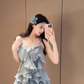 Blue v-neck ruffled suspender dress gentle temperament beautiful skirt R0613