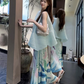 Fashion suit irregular pleats loose cover flesh thin sleeveless vest pleated printed skirt two-piece suit R1729