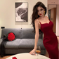 Retro suspender dress Christmas wine red velvet slim hip-wrapped slit dress R1556