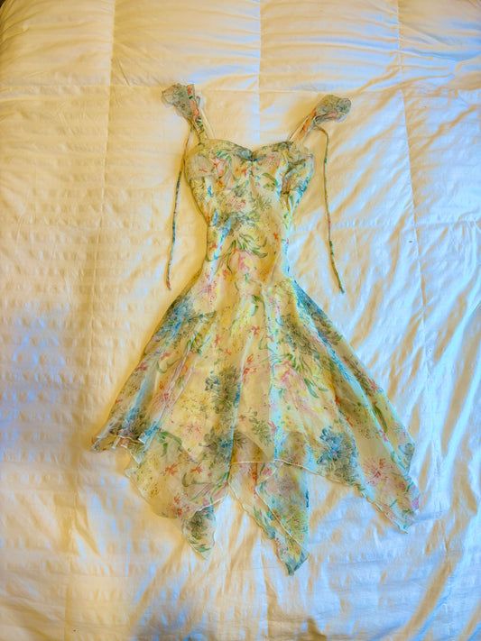 Green floral youthful vitality suspenders waist irregular short skirt homecoming dress R2683