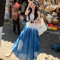 Fairy ruffle blue tie-dye color matching long skirt travel wear suspender dress R1712