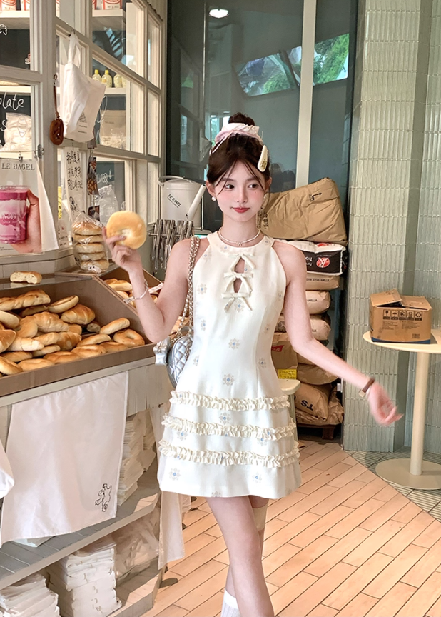 Solid color halter neck sleeveless waist dress summer French temperament retro skirt R4703