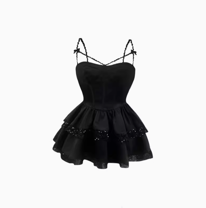 Sweet and spicy suspender dress 2025 pure desire waist small black dress suit R1124