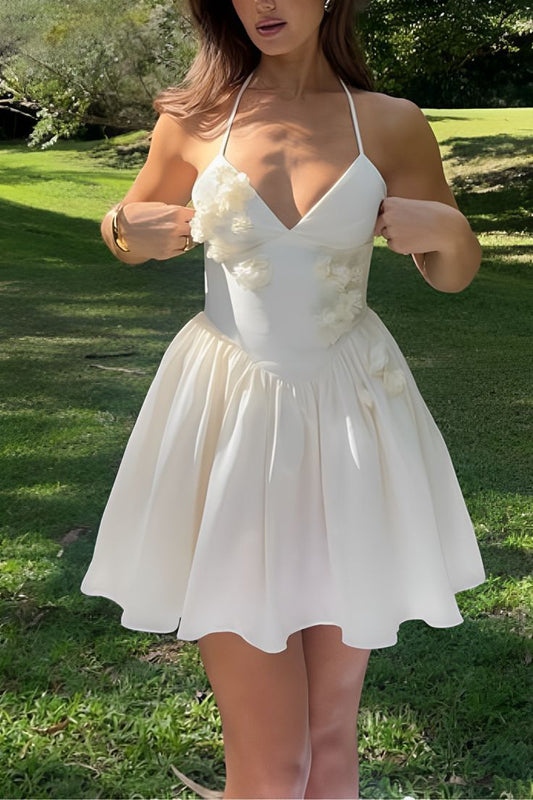 White suspender sexy floral A-line short skirt homecoming dress R3859