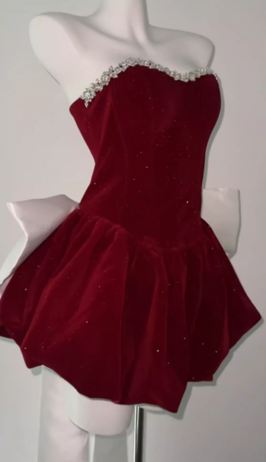 Birthday dress high-end party dress high-end niche temperament tube top velvet dress R1792