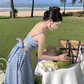 Travel wear women's beach dress backless blue and white plaid skirt a-line suit R1567