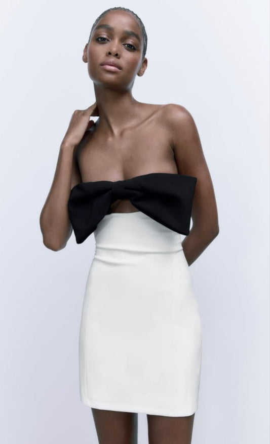 Black bow neckline white hip sexy short skirt homecoming dress R3810