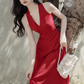 Retro wine red sling halter neck dress temperament waist high-end dress R1496