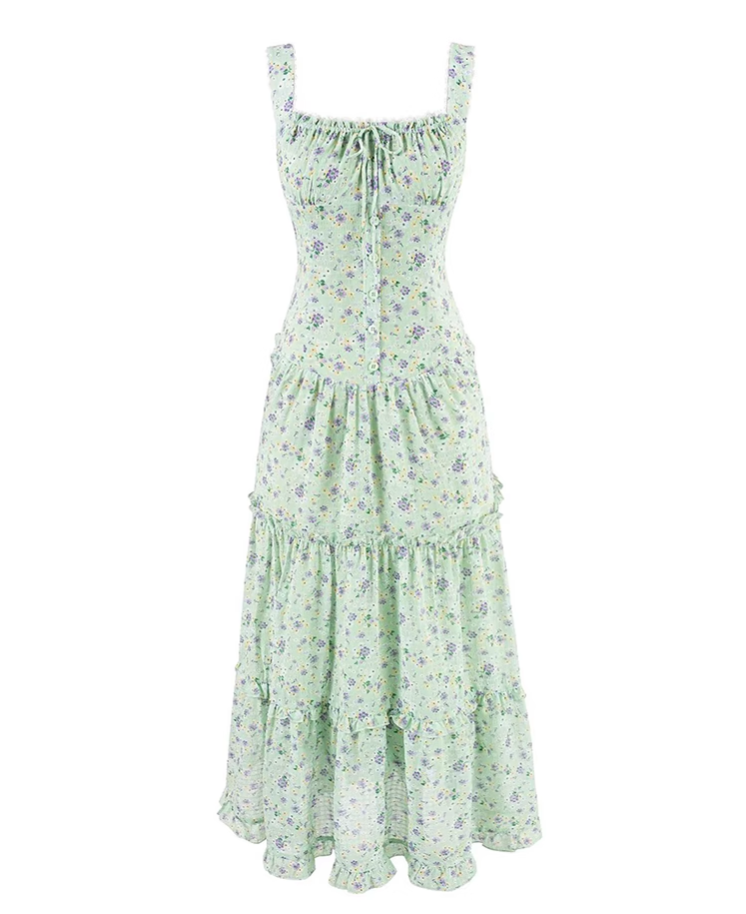 French green floral sling dress 2025 new holiday temperament cake dress R2582