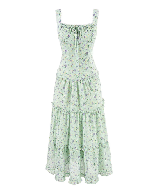 French green floral sling dress 2025 new holiday temperament cake dress R2582