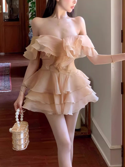 French gentle style one-line ruffle dress 2025 pure desire style seaside holiday dress R1346