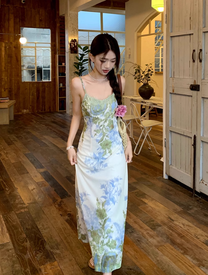 Fairy New Chinese Retro Jacquard Suspender Skirt Flower Long Skirt Tea Break Dress R1759