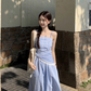 Fairy romantic French blue plaid long skirt tube top temperament design sling dress R1701