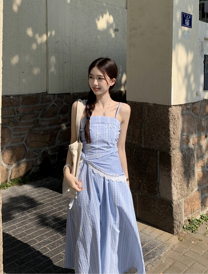 Fairy romantic French blue plaid long skirt tube top temperament design sling dress R1701