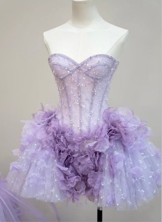 French Chic Lavender A-Line Strapless Purple Applique Bodycon Mini Dress Homecoming Dress RS252