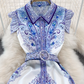 Retro palace style goddess style single-breasted lapel print dress elegant A-line long skirt R0361
