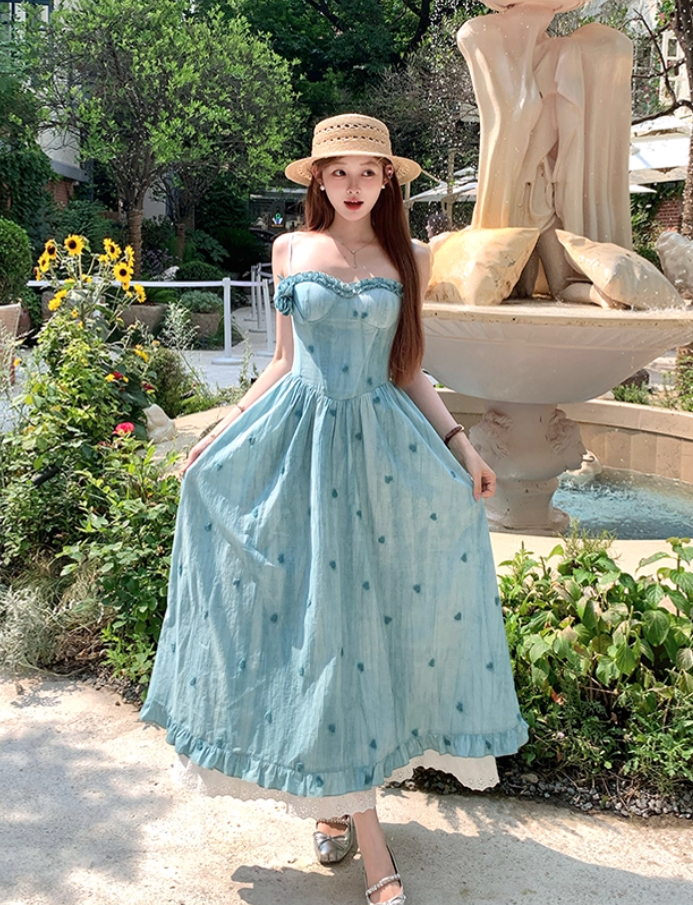 Blue long waist A-line suspender dress women's summer French temperament skirt R4870