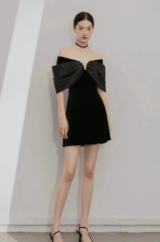 French black satin one shoulder style slimming banquet party short dress, homecoming dress R2987