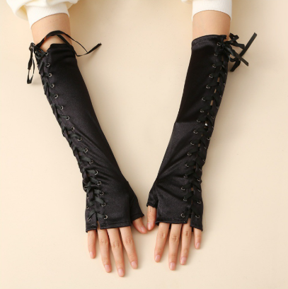 Lace-up fingerless gloves long black satin gloves elbow length suitable for wedding engagement Halloween party     S6219