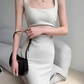 Square neck camisole dress 2025 temperament waist hip slit high-end long skirt R1452