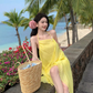 Beautiful seaside vacation dopamine loose halter dress atmosphere backless niche beach dress R1584