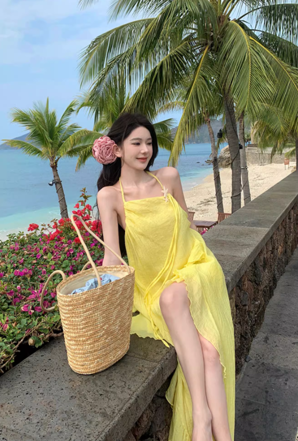 Beautiful seaside vacation dopamine loose halter dress atmosphere backless niche beach dress R1584