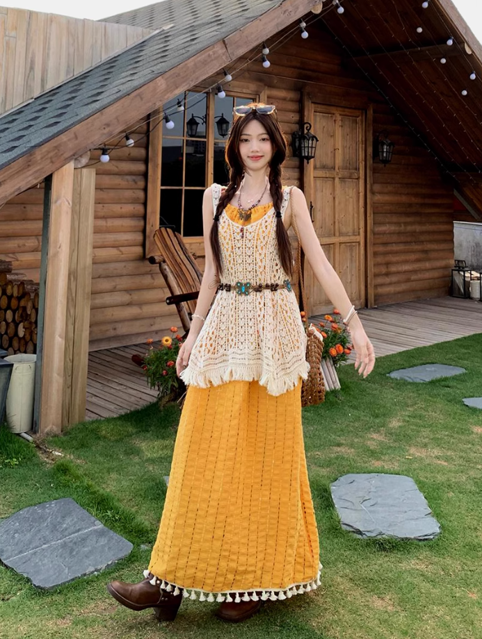 Artistic forest style layered beaded suspender long skirt travel wear dress knitted vest two-piece suit R1731
