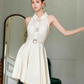 French white temperament slim waist slimming niche halter neck sleeveless A-line short dress R4076