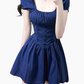2025 Summer New Blue Square Neck Puff Sleeve Waist Slimming Short A-Line Dress R0944