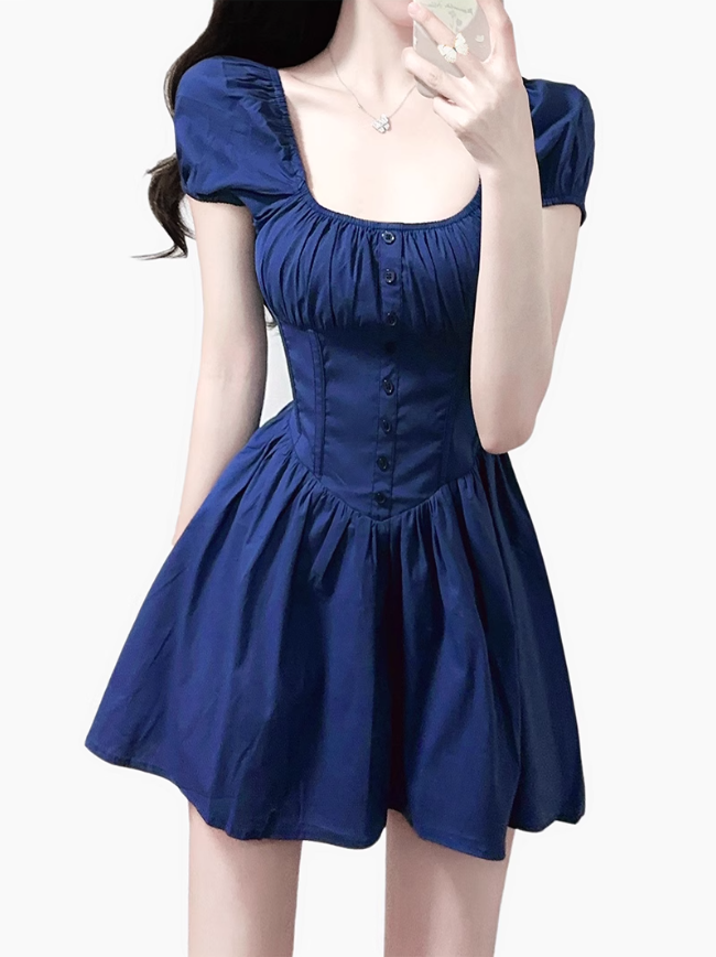 2025 Summer New Blue Square Neck Puff Sleeve Waist Slimming Short A-Line Dress R0944