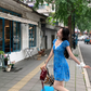 French V-neck blue floral dress women's summer retro sleeveless short skirt R4303