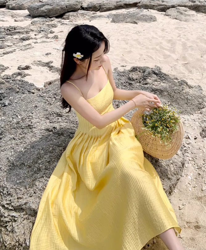 Yellow backless strappy suspender sexy dress seaside holiday long dress waist beach dress R1615