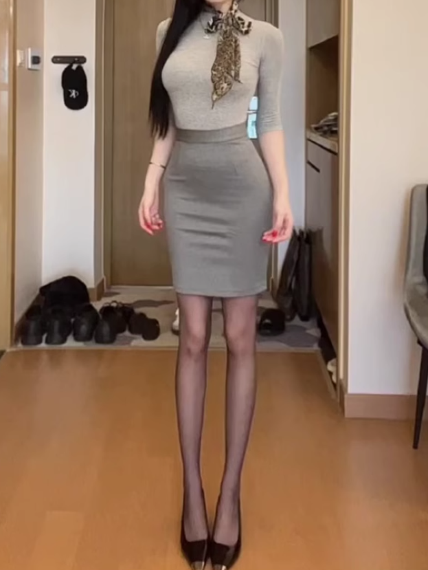 Large size French pure desire half high collar temperament slim long sleeve hip skirt suit R1848