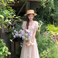 Pink long v-neck short-sleeved waist dress summer French retro temperament high-end dress R4743