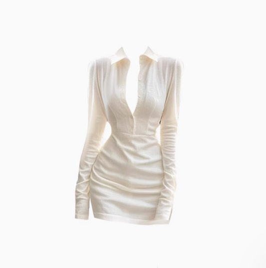 Royal sister high-grade polo collar long-sleeved shirt dress 2025 hot girl waist hip skirt R1050