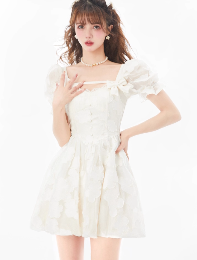 French artistic skirt light luxury romantic fairy bow print dress R4987