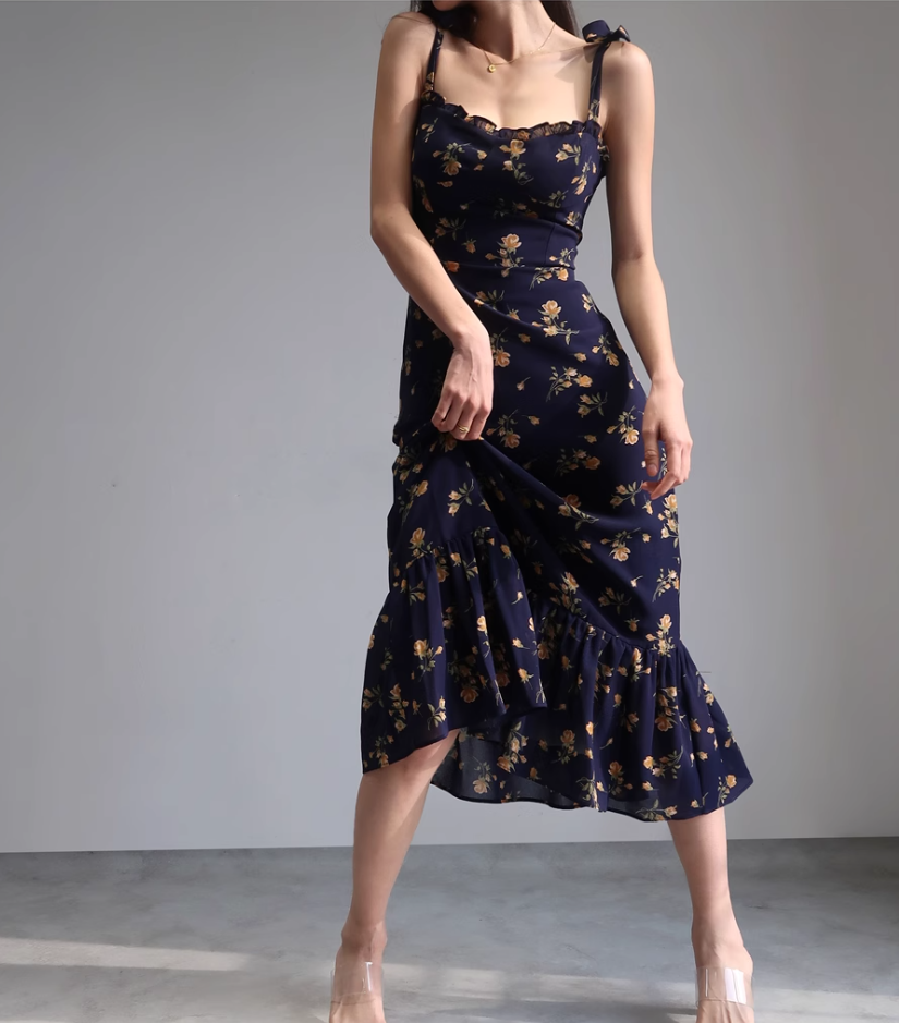 French Slim Sexy Ruffle Edge Floral Dress A-Line Waist Suspender Long Dress R2813